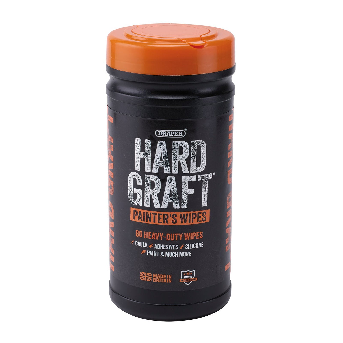 A black cylindrical container of Draper Hard Graft Painter's Wipes (HGW-PA80) with an orange lid, containing 80 heavy-duty and antibacterial wipes for cleaning chalk, adhesives, silicone, paint, and more.