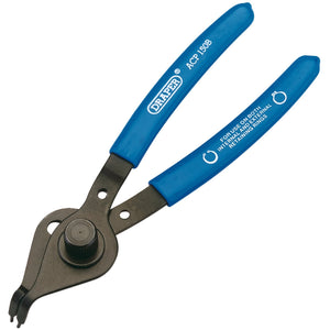 Pair of Draper Bent Nose Reversible Circlip Pliers labeled ACP150B, equipped with cushion-grip blue handles and a black metal tip designed for fitting and removing internal and external circlips.