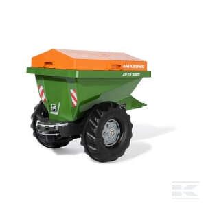 The Spreader trailer, Amazone model by Rolly Toys, designed for children aged 3 and up, features a green and orange body with large black wheels and an Amazone brand logo on the side—perfect for outdoor play.