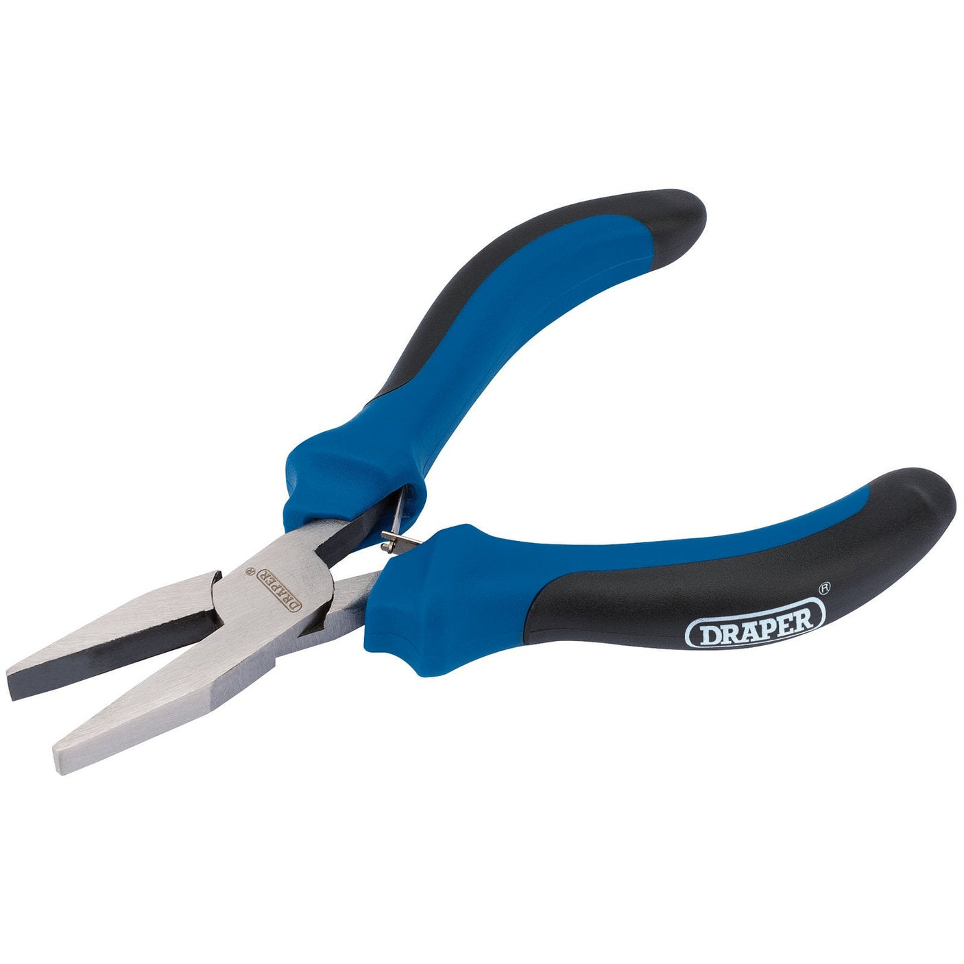 The Draper Soft Grip Flat Nose Mini Pliers, 115mm - MPFNSG, come with blue and black soft grip handles, featuring box-joint construction, flat nose jaws, and double leaf springs for comfortable use.