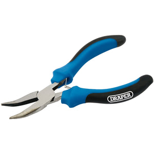 The Draper Soft Grip Bent Nose Mini Pliers, 125mm - MPBNSG, are a pair of blue and black pliers with a curved nose and the brand name "Draper" on the handle, featuring soft grip handles for comfort.