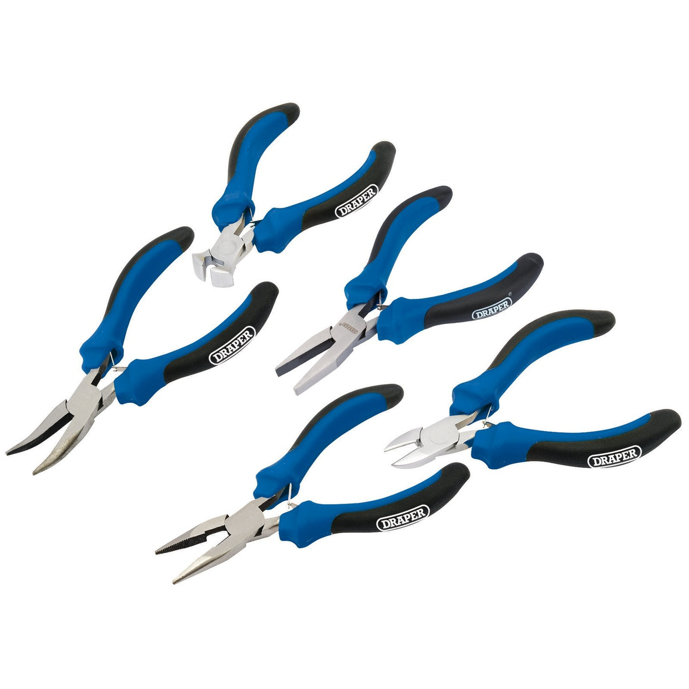 The Draper Soft Grip Mini Pliers Set (5 Piece) - MPSG5, showcasing five blue-handled pliers each with a unique head type and featuring hardened and tempered cutting edges, is displayed on a white background.