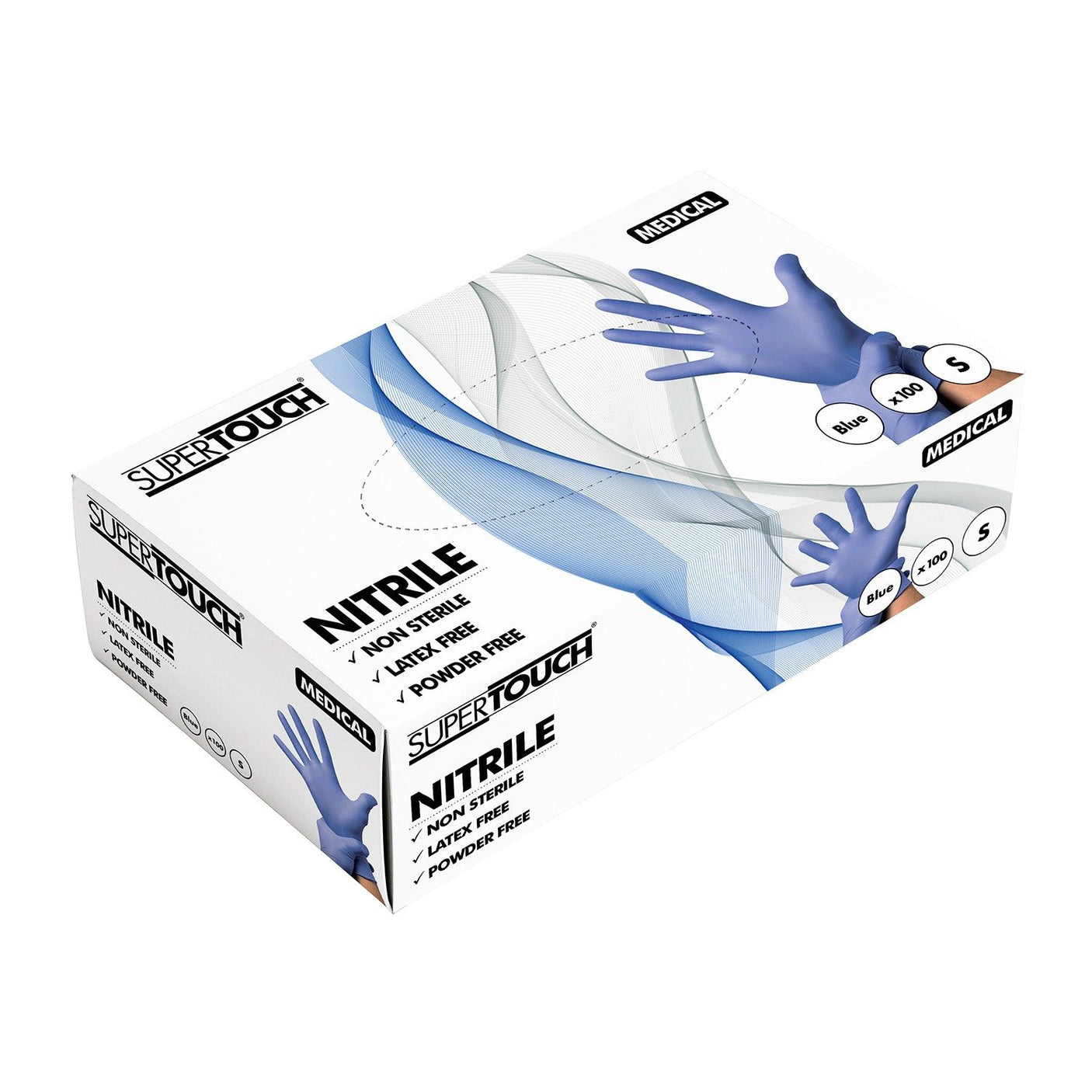 A box of Cottonmount ST Powder Free Nitrile Glove Blue in size small. The gloves are non-sterile, latex-free, powder-free, and labeled for medical use.