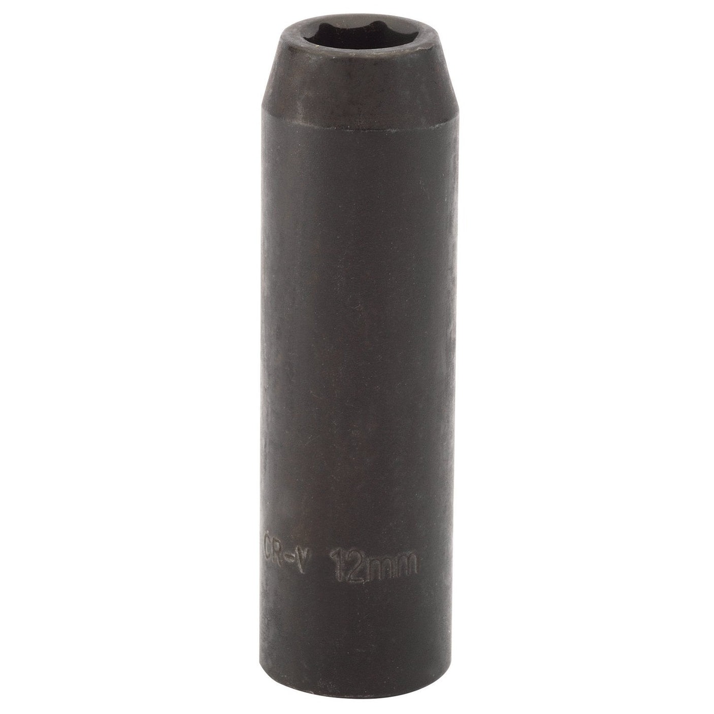 The Draper Expert Hi-Torq® Deep Impact Socket, 1/2" square drive, 12mm - 410D-MM is a black socket featuring a six-point star opening at one end, labeled "Cr-V 12mm" near the bottom. It is compatible with Draper Expert HI-TORQ tools and ideal for use with air wrenches.