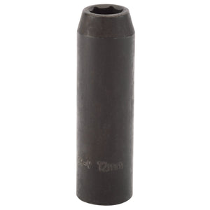 The Draper Expert Hi-Torq® Deep Impact Socket, 1/2" square drive, 12mm - 410D-MM is a black socket featuring a six-point star opening at one end, labeled "Cr-V 12mm" near the bottom. It is compatible with Draper Expert HI-TORQ tools and ideal for use with air wrenches.