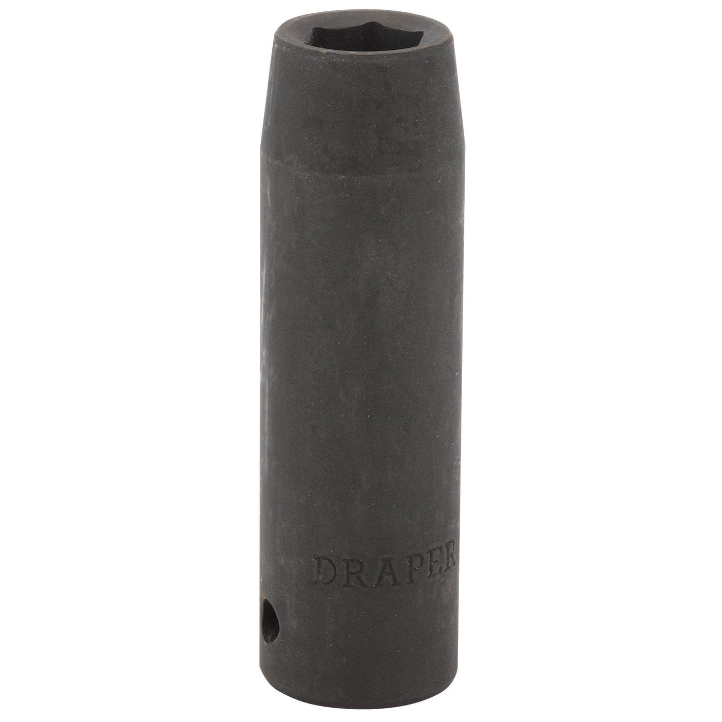 The Draper Expert Hi-Torq® Deep Impact Socket, 1/2" Sq. Dr., 13mm - 410D-MM is a black, cylindrical tool crafted from durable chrome vanadium steel, designed for efficiently tightening and loosening nuts and bolts using air or electric wrenches.