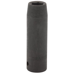 The Draper Expert Hi-Torq® Deep Impact Socket, 1/2" Sq. Dr., 13mm - 410D-MM is a black, cylindrical tool crafted from durable chrome vanadium steel, designed for efficiently tightening and loosening nuts and bolts using air or electric wrenches.