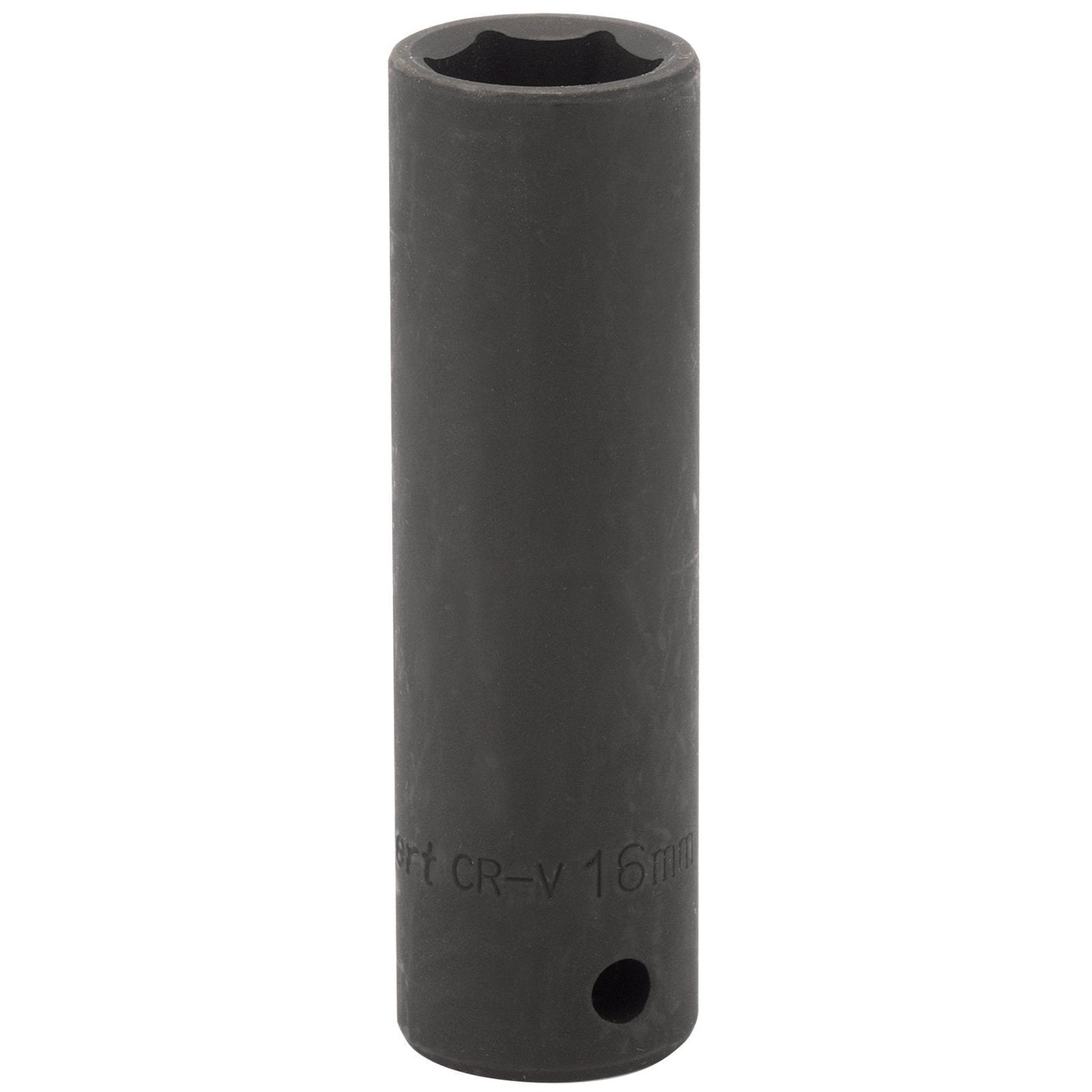 The Draper Expert Hi-Torq® Deep Impact Socket, 1/2" Sq. Dr., 16mm - 410D-MM is a black, cylindrical socket made of durable chrome vanadium steel. It features a hexagonal opening at the top, a small hole near the bottom, and is labeled "CR-V 16mm." This tool is ideal for use with air or electric wrenches.