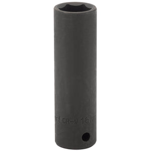 The Draper Expert Hi-Torq® Deep Impact Socket, 1/2" Sq. Dr., 16mm - 410D-MM is a black, cylindrical socket made of durable chrome vanadium steel. It features a hexagonal opening at the top, a small hole near the bottom, and is labeled "CR-V 16mm." This tool is ideal for use with air or electric wrenches.