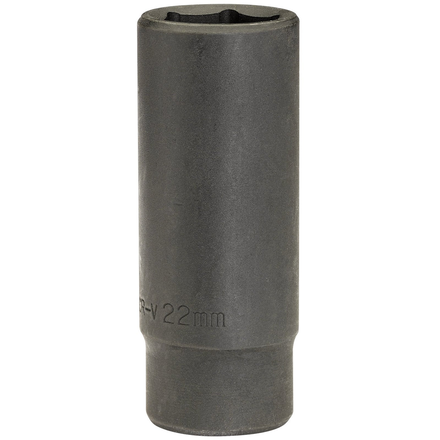 The Draper Expert Hi-Torq® Deep Impact Socket, 1/2" Sq. Dr., 22mm - 410D-MM is a cylindrical, black socket made from durable chrome vanadium steel, designed for tightening or loosening nuts and bolts with optimal corrosion protection.