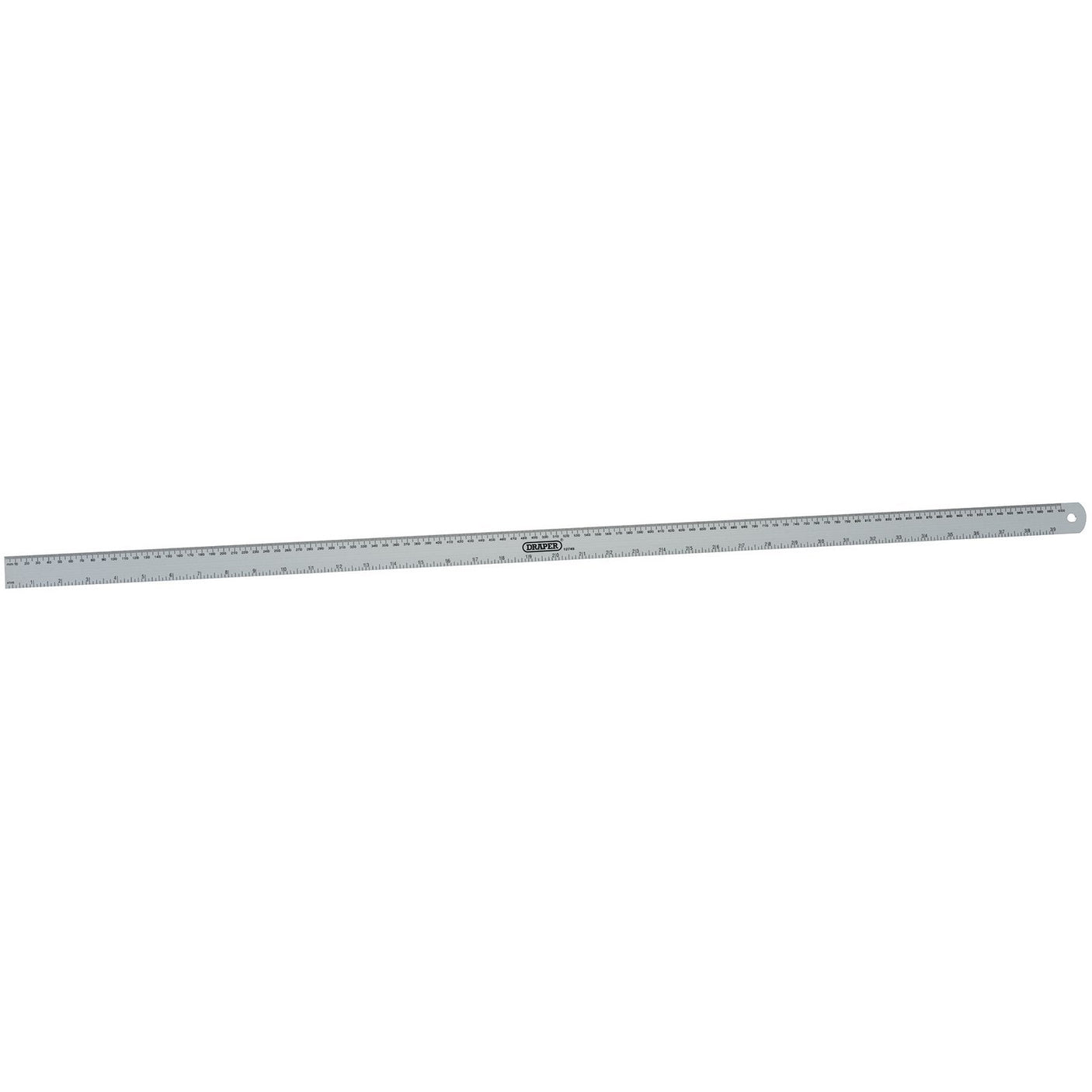 A 39-inch aluminum rule from Draper, featuring black graduated measurements and a hanging hole on one end.