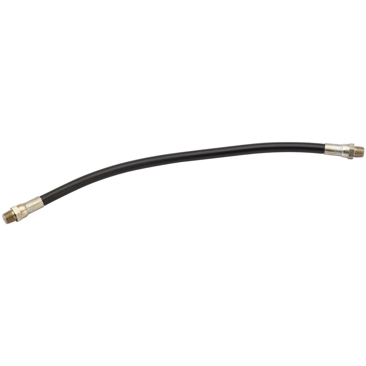 The Draper Flexible Plastic Grease Gun Hose, GG6, is a 300mm flexible black hose with metal fittings on both ends, designed as a 240bar/3500psi high-pressure thermoplastic tube with threaded 1/8" BSPT connections.