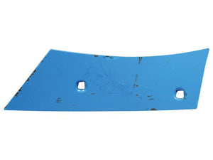 The Shin - RH (Ransomes), a flat, light blue, rectangular metal plate with a curved top edge, features two small rectangular holes and has some surface scratches and small stains. It is ideal for Primary OE Reference or use with Sparex Fasteners. This part fits as PASC737 and has the Sparex Part Number S.127701.