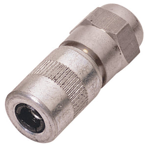 Close-up of the Draper Heavy Duty 4 Jaw Hydraulic Connector, 1/8" Bspt - GG10, featuring a brass body, hexagonal nut, heavy-duty design, and knurled grip section.