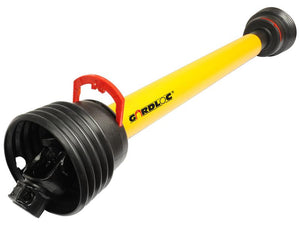 Image of a JMCE DEALS *SPECIAL PRICE* - GARDLOC PTO Shaft, which is yellow with black connectors and a red handle. This shaft, Sparex Part Number S.128673, has an (Lz) length of 860mm and features 1 3/8'' x 6 Spline Q.R. to 1 3/8'' x 6 Spline Q.R., designed for transmitting power from a tractor to an implement in agricultural machinery.