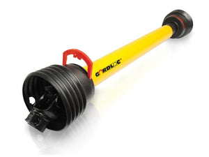 Image of a yellow GARDLOC PTO Shaft - (Lz) Length: 1010mm, by Sparex, with black end joints, universal joint dimensions, and a red handle. (Sparex Part Number: S.128682)