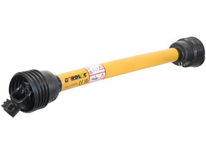 Image of the GARDLOC PTO Shaft by Sparex, featuring a yellow tube with black universal joints and safety labels, measuring 1010mm in length and compatible with various PTO series. This PTO shaft includes a 1 3/8'' x 6 Spline Q.R. to 1 3/8'' x 6 Spline Overunning Clutch (Clockwise), indicated by Sparex Part Number: S.128686.