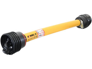 The Sparex GARDLOC PTO Shaft (Sparex Part Number: S.128692), featuring a length of 1210mm and equipped with a Shear Bolt Limiter, is designed in yellow and black, includes protective coverings, and has clear safety labels for enhanced security.