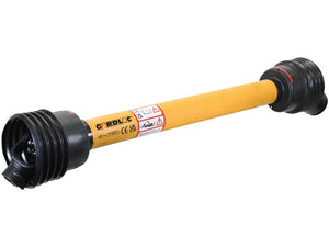 A GARDLOC PTO Shaft by Sparex, featuring a yellow body with black protective coverings on both ends, various labels, safety warnings, and the dependable GARDLOC Clutch for enhanced protection. It measures 1010mm in length and has a 1 3/8'' x 6 Spline Q.R. to 1 3/8'' x 6 Spline Ratchet Clutch (Sparex Part Number: S.128693).