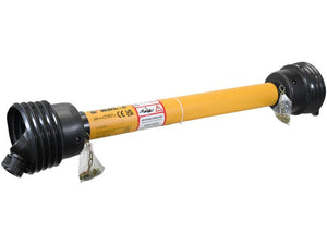 Introducing the Sparex GARDLOC PTO Shaft: a 1010mm yellow and black mechanical shaft featuring safety labels, protective plastic covers on both ends, and a 1 3/8'' x 6 Spline Q.R. to 1 3/8'' x 6 Spline Shear Bolt Limiter equipped with the Gardloc clutch for enhanced security. (Sparex Part Number: S.128701)