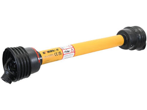 The GARDLOC PTO Shaft by Sparex, model S.128702, measures 1010mm in length and features a 1 3/8'' x 6 spline Q.R. to a 1 3/8'' x 6 spline overrunning clutch (clockwise). This yellow and black shaft comes equipped with protective covers on both ends and displays safety and compliance labels along its length.