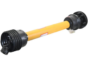 An image of a yellow and black mechanical drive shaft with universal joints on both ends, similar to the Sparex GARDLOC PTO Shaft (Lz) Length: 860mm, 1 3/8'' x 6 Spline Q.R. to 1 3/8'' x 6 Spline Friction Disc Clutch (Sparex Part Number: S.128704), typically used in transmitting torque in vehicles or industrial machinery.