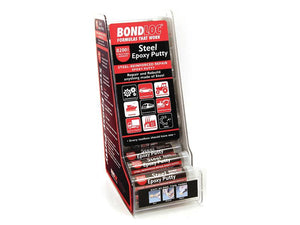 A Sparex display stand holding 24 packs of 50g sticks of their Steel Putty, labeled for metal repair with visual instructions on the side. The product claims to easily repair and rebuild steel items using Sparex's advanced formula (Sparex Part Number: S.128792).