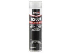 A cylindrical container of Sparex BondLoc B2001 Steel Epoxy Stick (50g), indicated for repair and rebuild, with steel reinforcement and bonding to metal surfaces. Made in the UK, this black putty is perfect for industrial use. The product is identified by Sparex Part Number: S.128795.