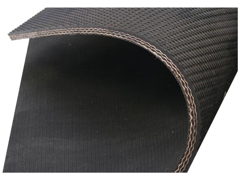 Close-up of a curved, black industrial conveyor belt with a textured surface and layered construction, showcasing the Baler Belt - Flat 215 x 6.2mm (Sparex Part Number: S.128847) by Sparex.