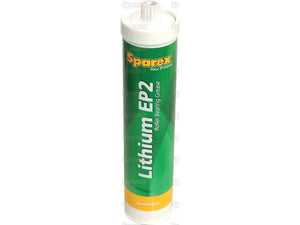 A green and white tube labeled "Lithium EP2 Grease - 500g - S.128851" by Sparex with a white cap, boasting high-temperature resistance.