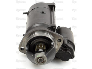 Close-up of a black, 12V, 3Kw gear-reduced Starter Motor (Sparex Part No.S.129407) with visible gears and mounting points. Compatible with John Deere models, this Sparex component is shown against a plain, neutral background.