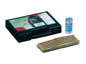 Introducing the Sealfix String Long and Cement kit from Sparex, featuring a black plastic case, a small canister of special cement, and a bundle of brown tire plugs. An essential alternative to costly roadside assistance. (Sparex Part Number: S.129417)