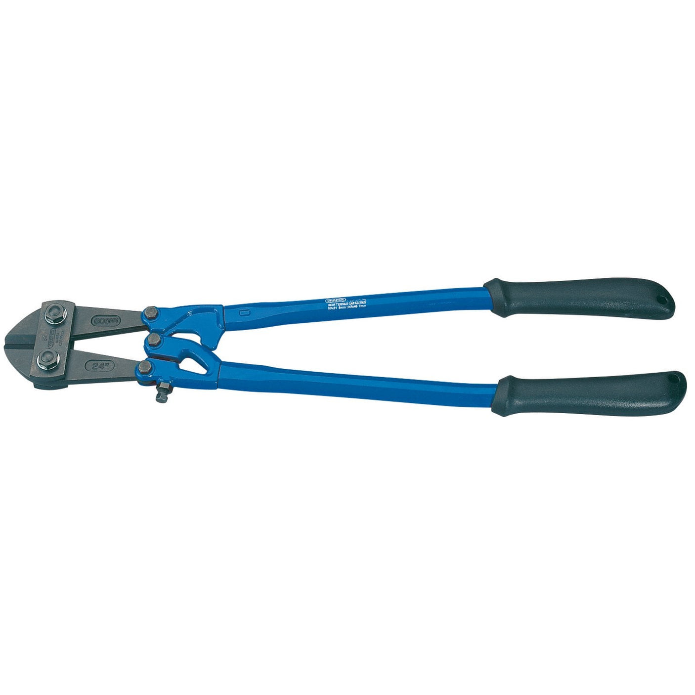 The Draper Heavy Duty Centre Cut Bolt Cutter, 600mm - 4854, features durable metal construction with blue handles and black grips, and its hardened jaws are designed for cutting high-tensile materials.