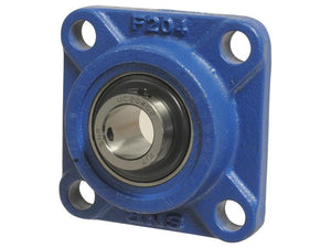 A blue square flanged bearing housing with a metallic ball bearing in the center, featuring four mounting holes at the corners, identified as Sparex Part Number S.129734 and branded as an NTN SNR Four-Bolt Flanged Unit (UCF205-16).