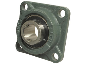 A green square flanged bearing housing, formally known as the NTN SNR Four-Bolt Flanged Unit (UCFX11-36) with Sparex Part Number S.129972, featuring a central circular opening and four bolt holes at each corner. This robust component also includes a 2RS Bearing and is manufactured by Sparex.