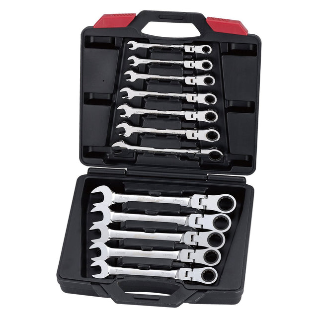 Black Sparex carrying case containing a set of twelve combination Flexible Reversible Gear Wrenches with box ends on one side and open ends on the other, featuring a Silver Satin Finish, Sparex Part No. S.23337.