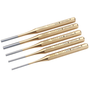 Five gold-colored Draper Expert Octagonal Parallel Pin Punches, part of the 119/5 set, are lined up horizontally, each featuring varying tip diameters and crafted from durable chrome vanadium steel.