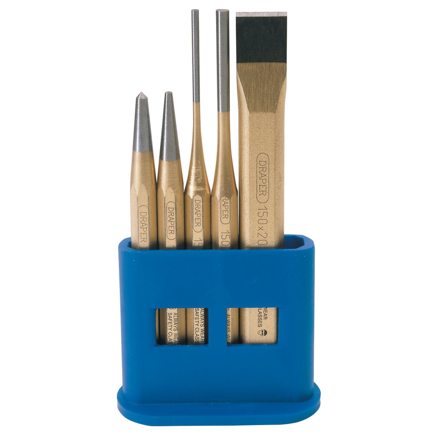 The Draper Chisel and Punch Set (5 Piece) - 5HB features gold-colored handles, crafted from durable chrome vanadium steel, and is conveniently housed in a blue plastic holder.