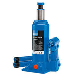 The Draper Hydraulic Bottle Jack, 4 Tonne - BJ4-B, is a blue jack equipped with a label and extended handle. Compliant with the EN1494 standard, it is designed for lifting heavy loads. This jack includes overload protection and adjustable height, offering versatile use for various applications.