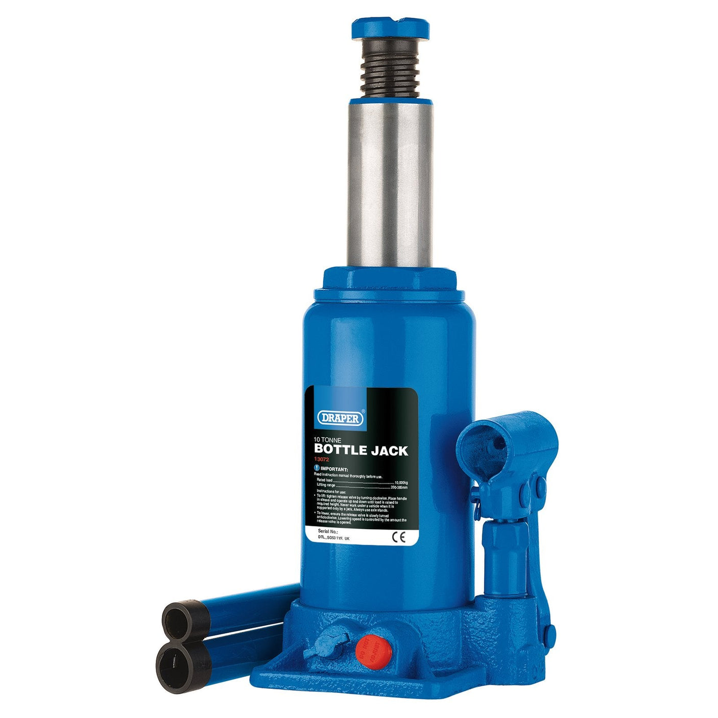 The Draper Hydraulic Bottle Jack, 10 Tonne - BJ10-B is a blue jack designed for lifting vehicles, featuring an extended silver piston and a handle for manual operation. Built to meet EN1494 standards, this Draper jack also includes overload protection for added safety.