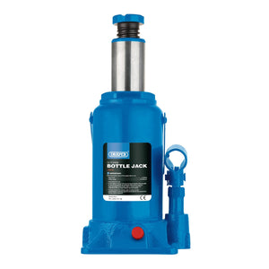 Image of a Draper 12 Tonne Hydraulic Bottle Jack (BJ12-B) in blue, featuring a red release valve, overload protection, improved stability, and a labeled indicator showing it is from the Draper brand.