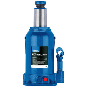 The Draper Hydraulic Bottle Jack, 20 Tonne - BJ20-B by Draper is a blue jack with a front label that details specifications and instructions, including compliance with the EN1494 standard. It features overload protection for enhanced safety and an adjustable height function, ensuring versatility for various lifting tasks.