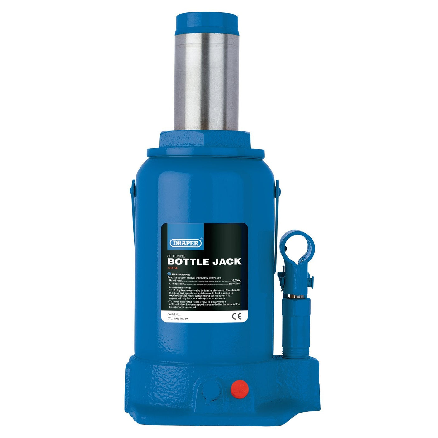 A Draper Hydraulic Bottle Jack (Model: BJ32-B) with a 32-tonne capacity, featuring a blue body and silver lifting cylinder, adjustable height, and a label displaying the Draper brand name and specifications. This jack complies with the EN1494 standard, ensuring reliability and safety.