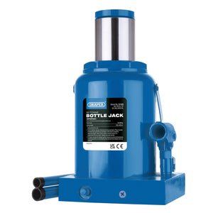 A Draper Hydraulic Bottle Jack, 50 Tonne - BJ50-B in blue, featuring metal components, two detachable handles placed beside it, and adjustable height capabilities.