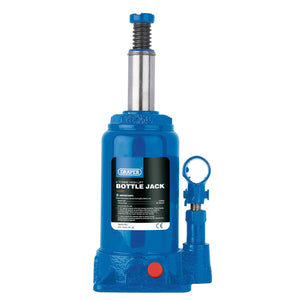 Image of the Draper High Lift Hydraulic Bottle Jack, 4 Tonne - BJ4HL-B in blue with a label on the front displaying specifications, featuring an adjustable height ram saddle for added versatility. This high-quality 2-stage ram meets the EN1494 standard, ensuring durability and reliability.