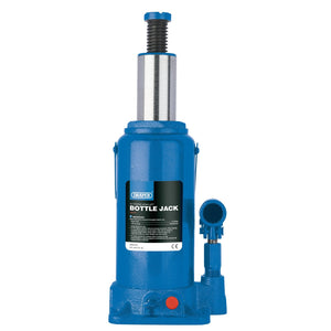 Introducing the Draper High Lift Hydraulic Bottle Jack, 10 Tonne - BJ10HL-B by Draper: a blue bottle jack featuring a cylindrical body, an adjustable height ram saddle, an adjustable screw at the top, and a high-quality 2-stage hydraulic piston with overload protection.