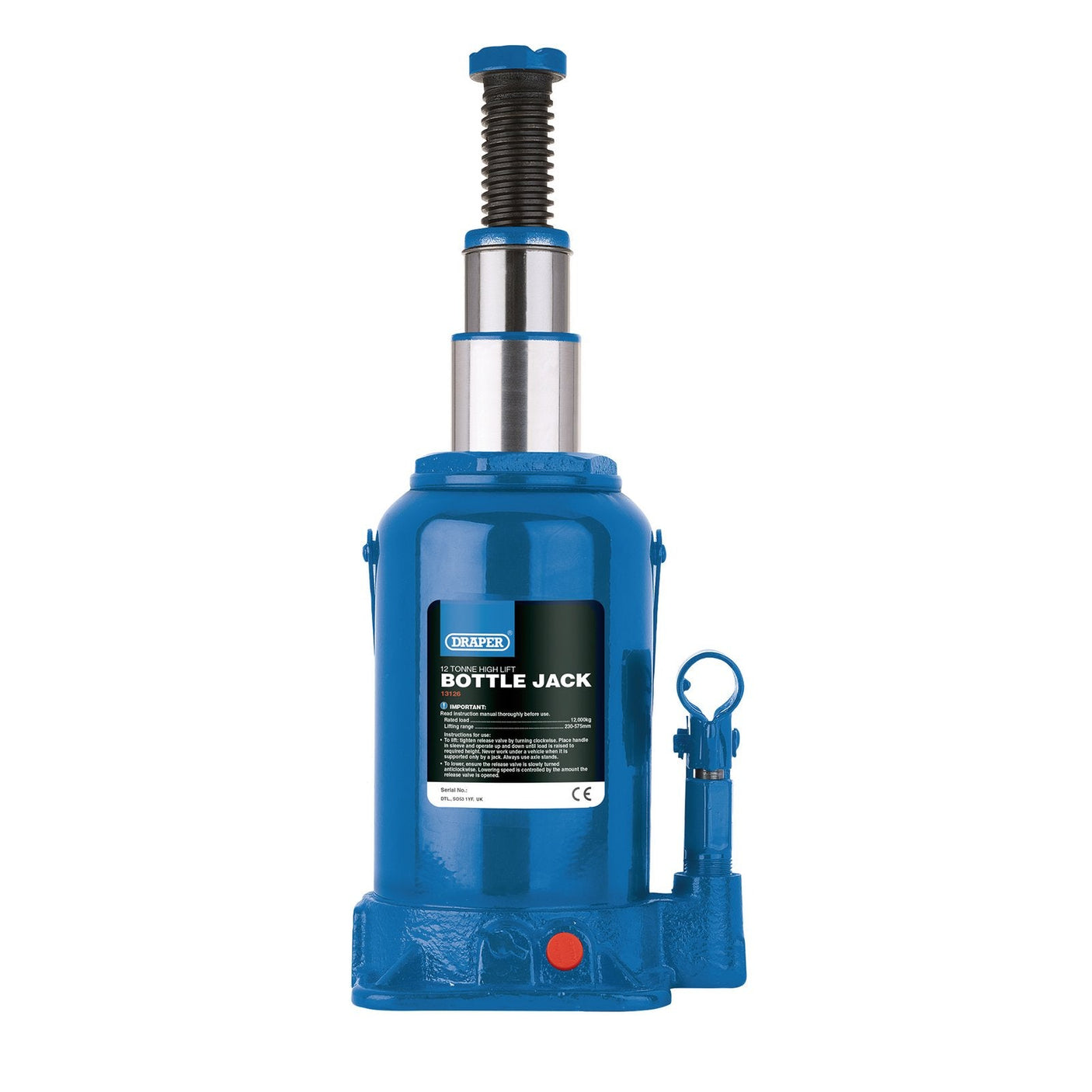 Draper High Lift Hydraulic Bottle Jack, 12 Tonne - BJ12HL-C - Farming Parts