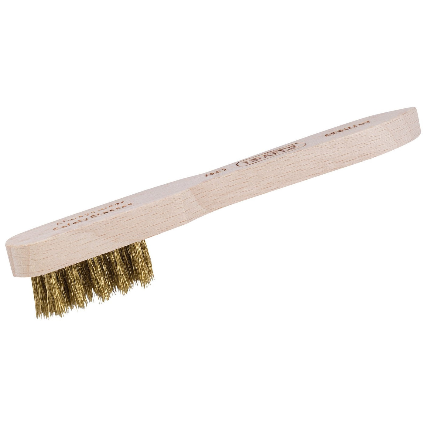 The Draper Spark Plug Cleaning Brush, 150mm - 4862, a compact wooden brush with stiff metal bristles, is perfect for cleaning spark plugs and scraping surfaces.