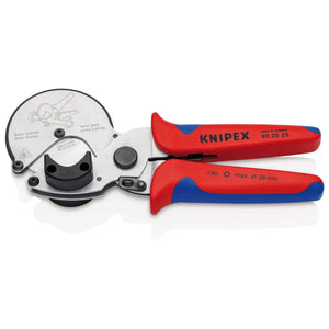 A Draper Knipex 90 25 25 pipe cutter, featuring ergonomic red and blue multi-component grips, capable of cutting composite and plastic pipes up to a maximum diameter of 26mm.