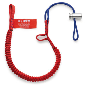 A Draper Knipex safety lanyard in red and blue, featuring a loop, a small metal attachment, and a red tag displaying the brand name Draper and model number 00 50 10 T BK.